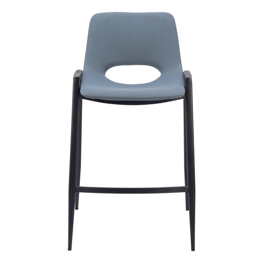 Set of Two 26" Blue And Black Faux Leather And Steel Low Back Counter Height Bar Chairs