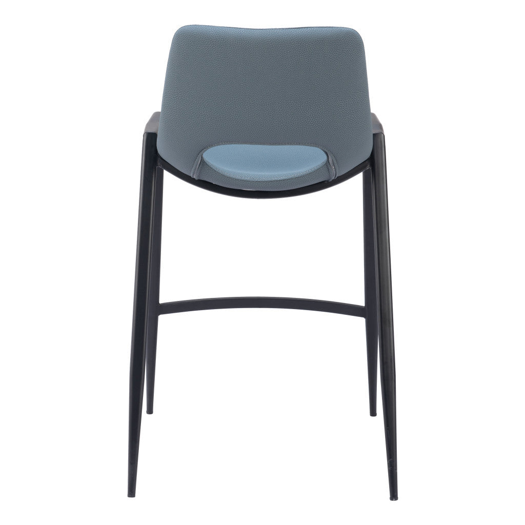 Set of Two 26" Blue And Black Faux Leather And Steel Low Back Counter Height Bar Chairs