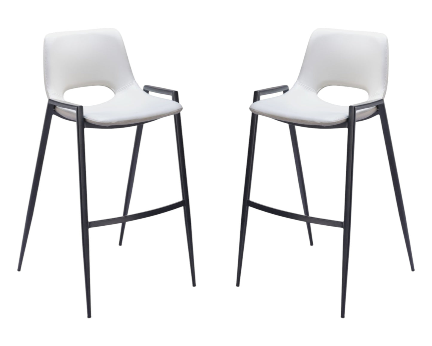 Set of Two 30" White and Black Faux Leather and Steel Low Back Bar Height Bar Chairs