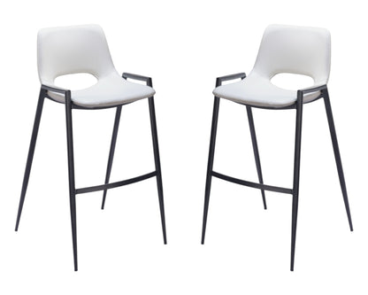 Set of Two 30" White and Black Faux Leather and Steel Low Back Bar Height Bar Chairs