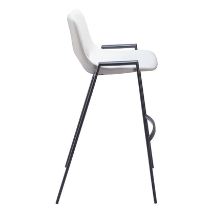 Set of Two 30" White and Black Faux Leather and Steel Low Back Bar Height Bar Chairs