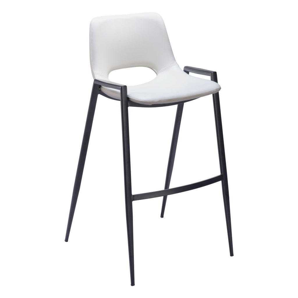 Set of Two 30" White and Black Faux Leather and Steel Low Back Bar Height Bar Chairs
