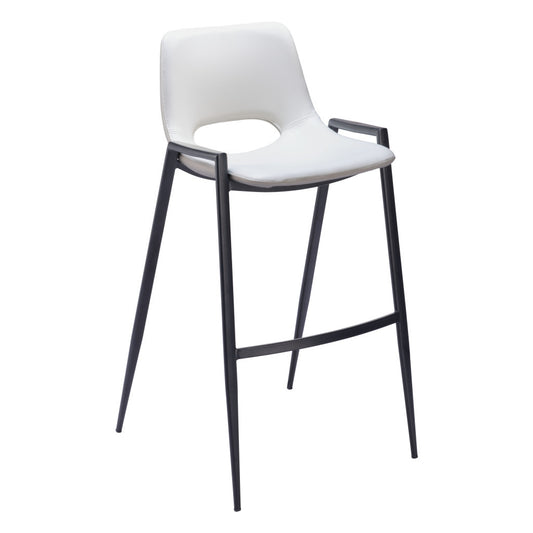 Set of Two 30" White and Black Faux Leather and Steel Low Back Bar Height Bar Chairs