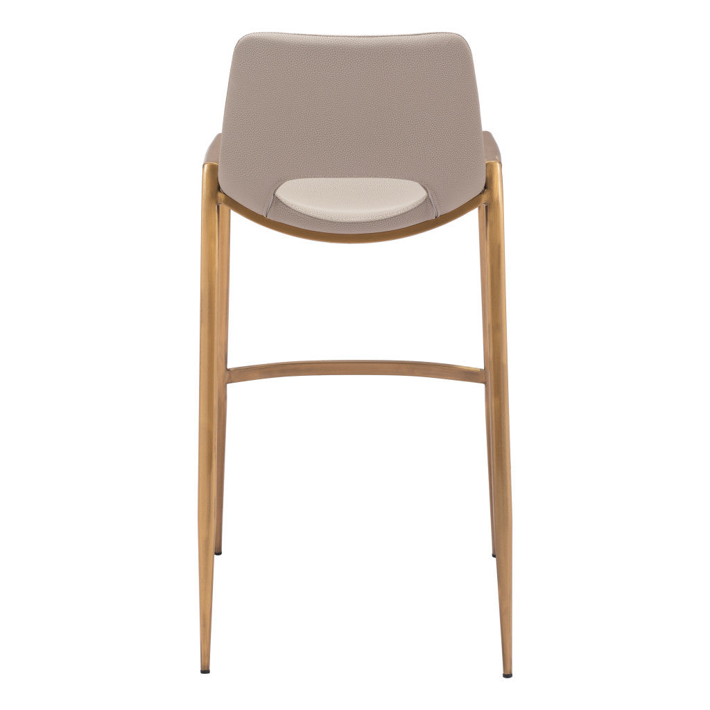 Set of Two 30" Beige And Gold Faux Leather And Steel Low Back Bar Height Bar Chairs
