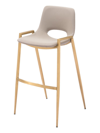 Set of Two 30" Beige And Gold Faux Leather And Steel Low Back Bar Height Bar Chairs