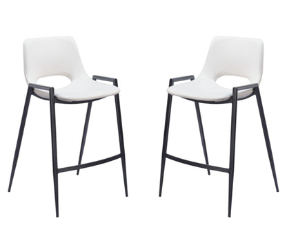 Set of Two 26" White and Black Faux Leather and Steel Low Back Counter Height Bar Chairs