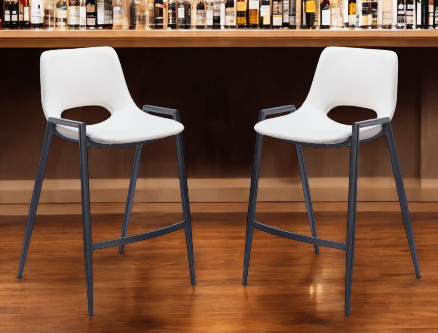 Set of Two 26" White and Black Faux Leather and Steel Low Back Counter Height Bar Chairs