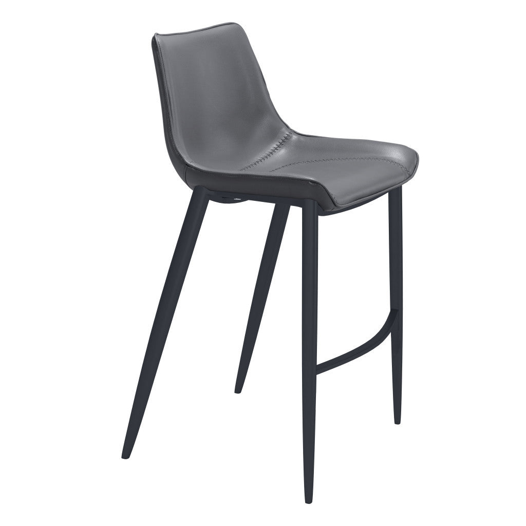 Set of Two 30" Dark Gray And Black Faux Leather And Steel Bar Height Bar Chairs