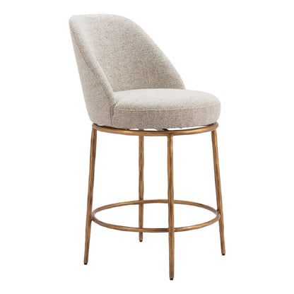 24" Beige and Gold Fabric and Steel Counter Height Swivel Bar Chair