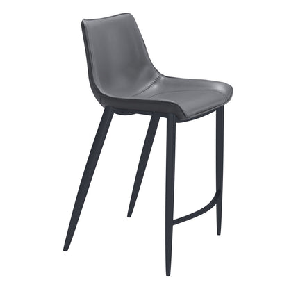Set of Two 26" Dark Gray And Black Faux Leather And Steel Counter Height Bar Chairs