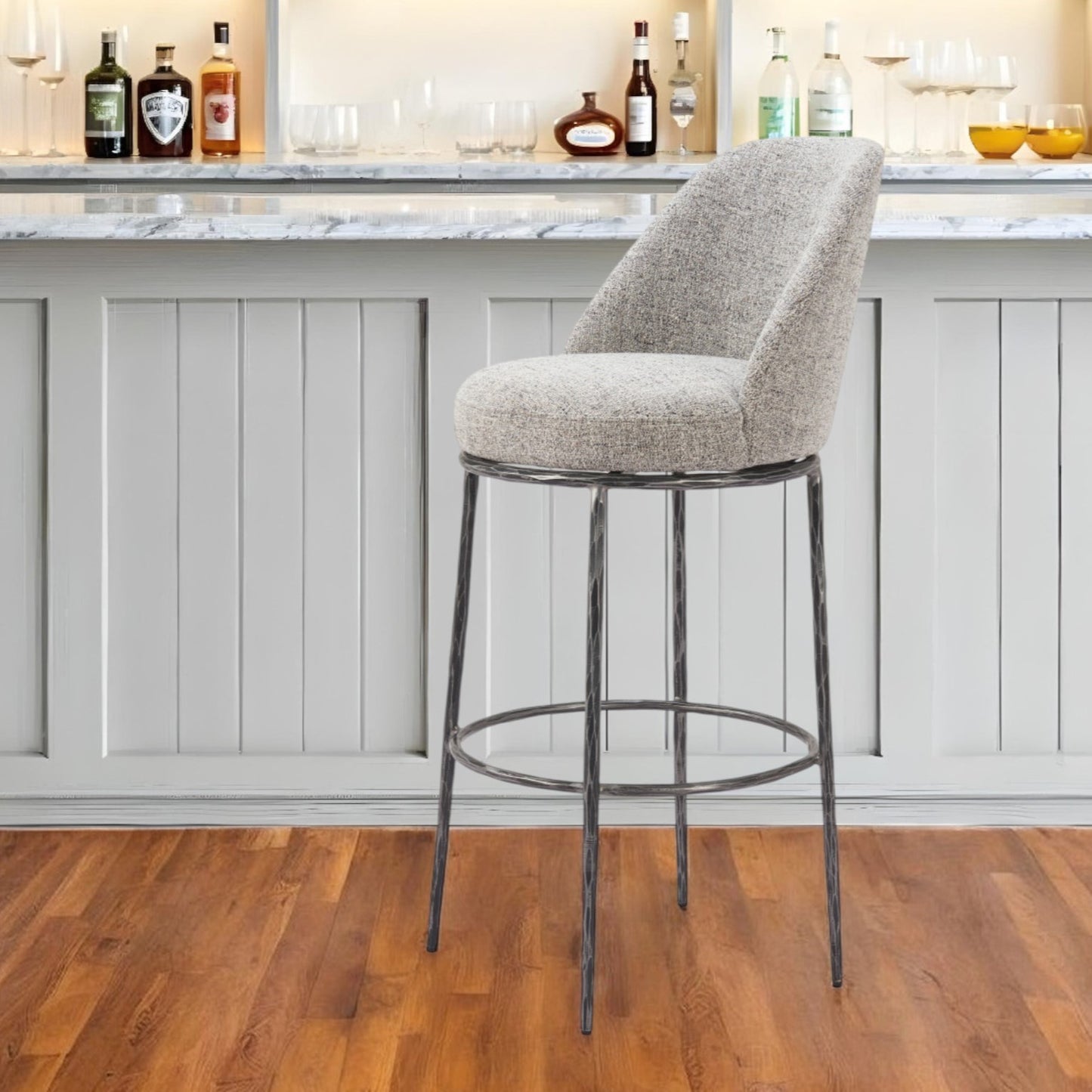 32" Gray And Black Fabric And Steel Bar Height Swivel Bar Chair