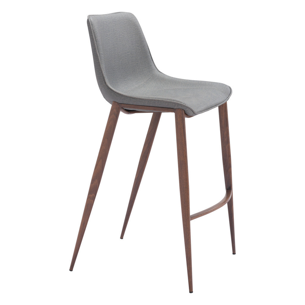 Set of Two 30" Slate Gray and Brown Faux Leather and Steel Bar Height Bar Chairs