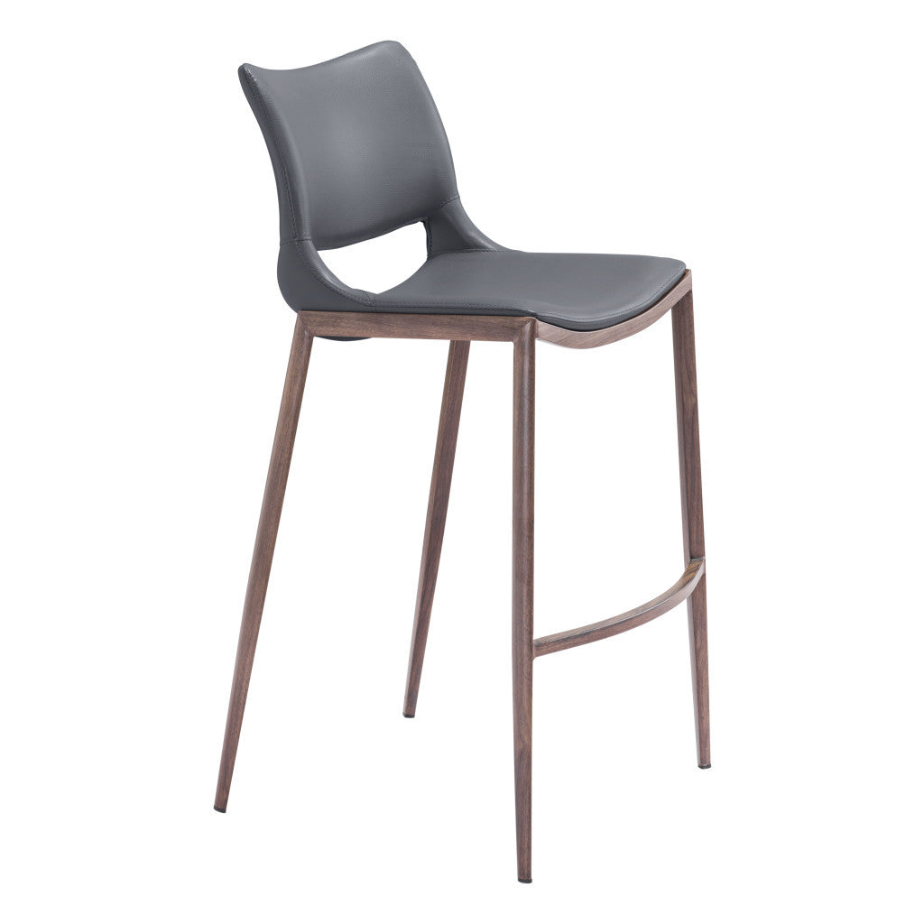 Set of Two 29" Dark Gray and Walnut Faux Leather and Steel Low Back Counter Height Bar Chairs