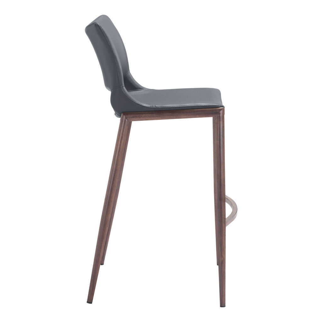 Set of Two 29" Dark Gray and Walnut Faux Leather and Steel Low Back Counter Height Bar Chairs
