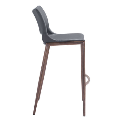 Set of Two 29" Dark Gray and Walnut Faux Leather and Steel Low Back Counter Height Bar Chairs
