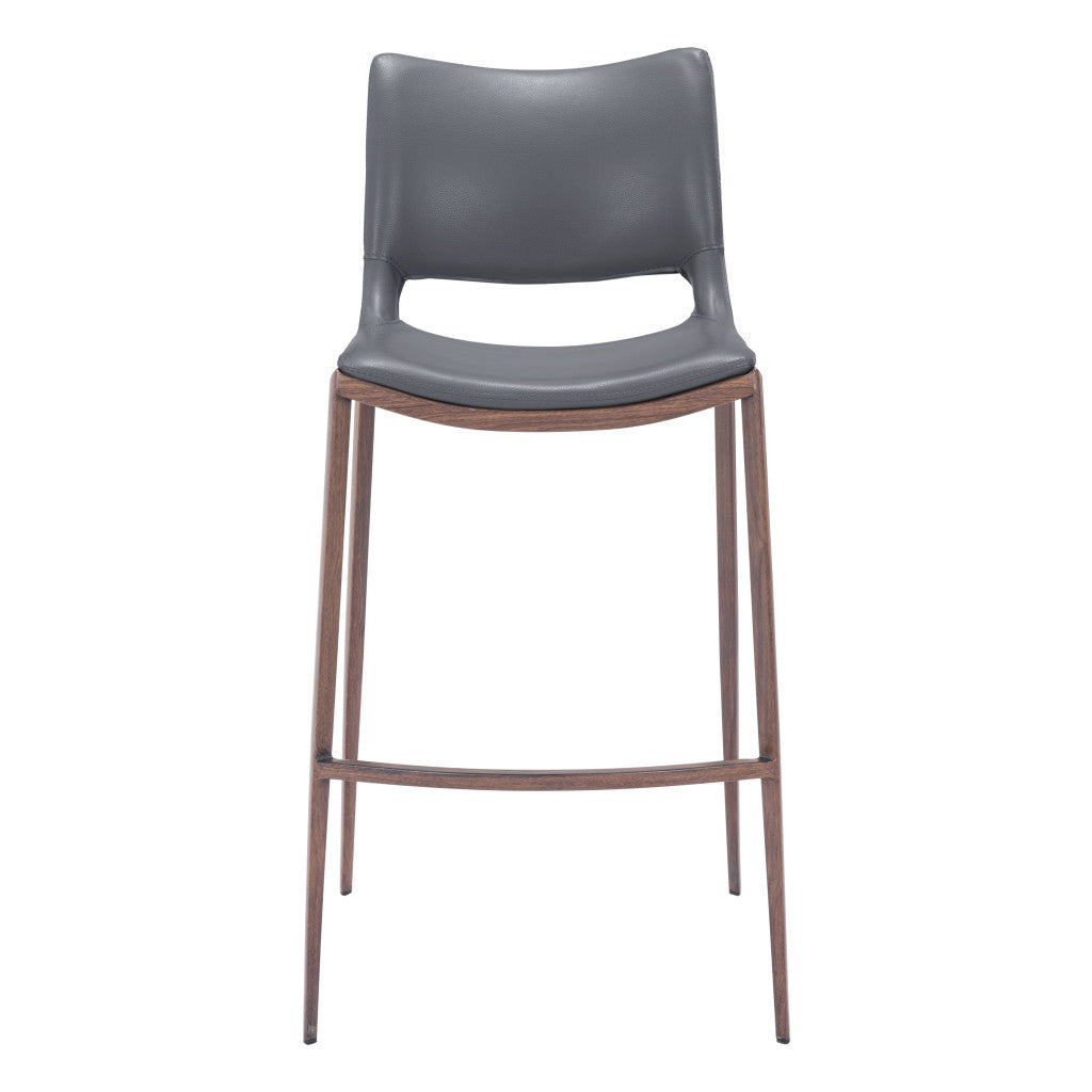 Set of Two 29" Dark Gray and Walnut Faux Leather and Steel Low Back Counter Height Bar Chairs