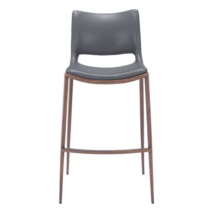 Set of Two 29" Dark Gray and Walnut Faux Leather and Steel Low Back Counter Height Bar Chairs