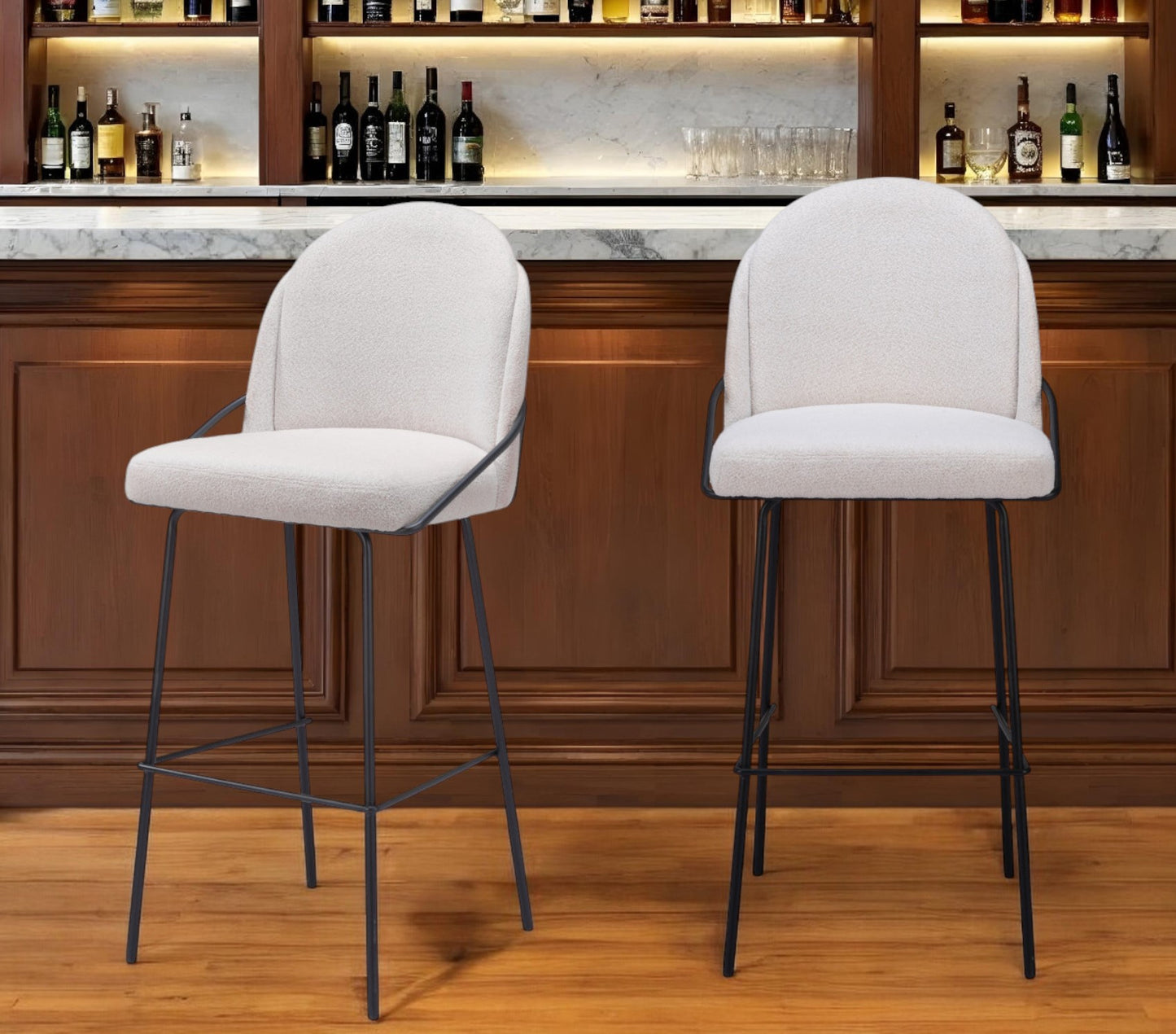 Set of Two 30" Ivory And Black Shearling And Steel Bar Height Bar Chairs
