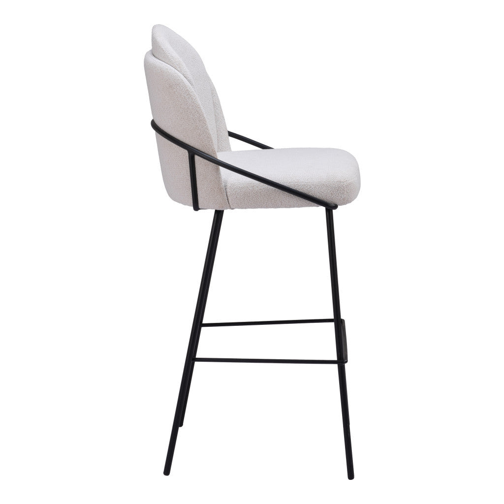 Set of Two 30" Ivory And Black Shearling And Steel Bar Height Bar Chairs