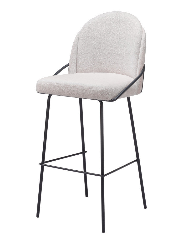 Set of Two 30" Ivory And Black Shearling And Steel Bar Height Bar Chairs