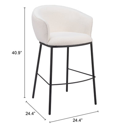 30" Ivory And Black Shearling And Steel Bar Height Bar Chair