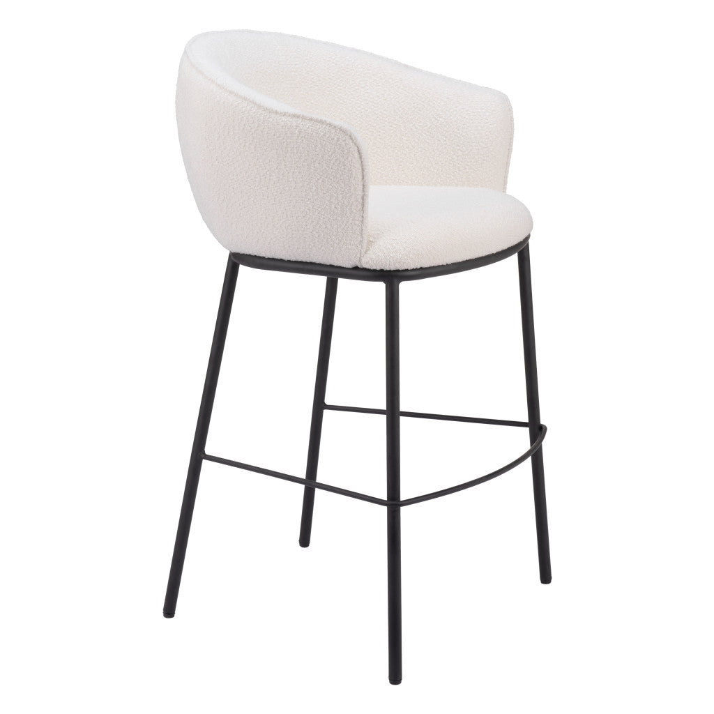 30" Ivory And Black Shearling And Steel Bar Height Bar Chair