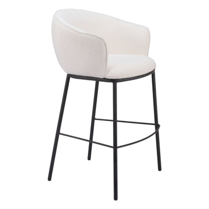 30" Ivory And Black Shearling And Steel Bar Height Bar Chair