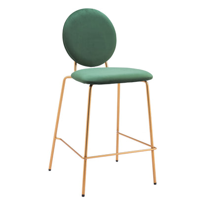 Set of Two 26" Green and Gold Velvet and Steel Counter Height Bar Chairs