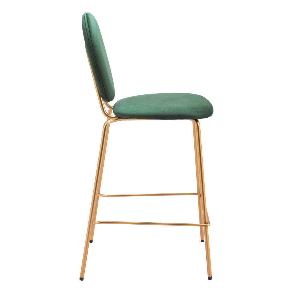 Set of Two 26" Green and Gold Velvet and Steel Counter Height Bar Chairs