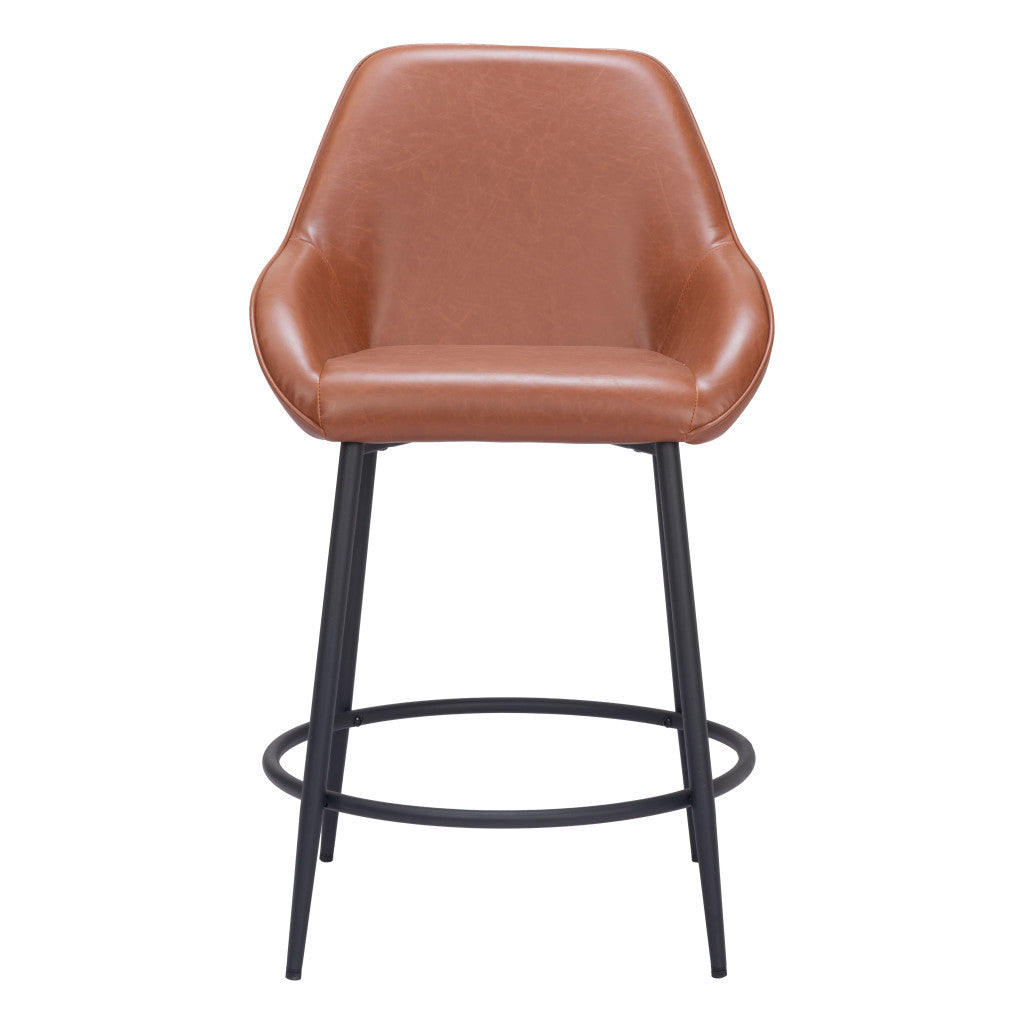 Set of Two 25" Brown And Black Faux Leather And Steel Counter Height Bar Chairs