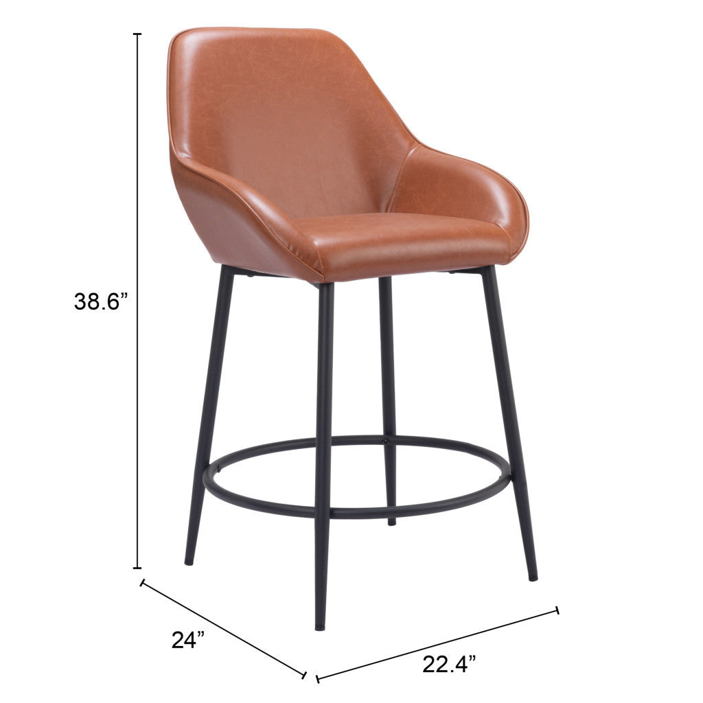 Set of Two 25" Brown And Black Faux Leather And Steel Counter Height Bar Chairs