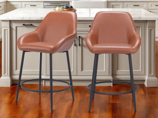 Set of Two 25" Brown And Black Faux Leather And Steel Counter Height Bar Chairs