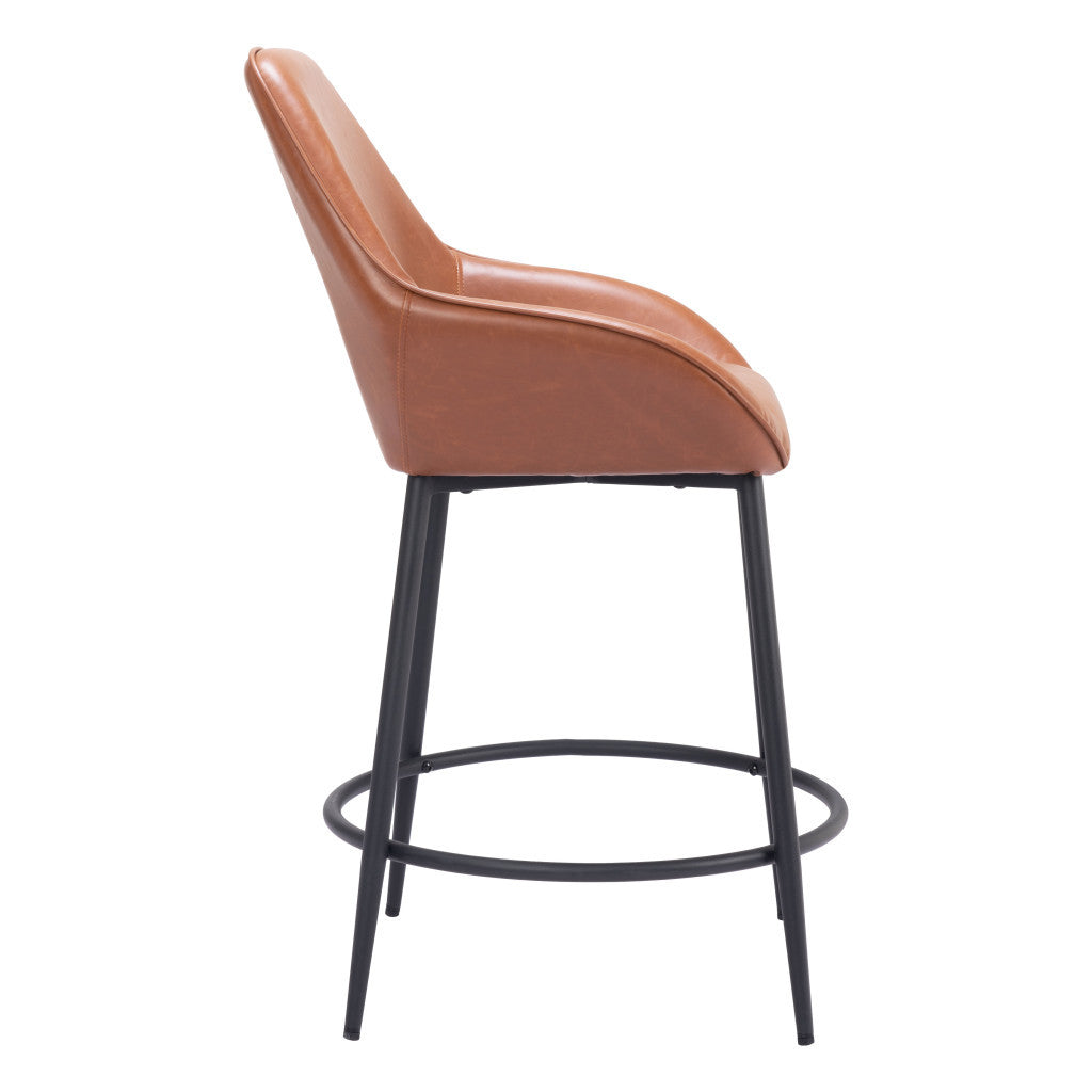 Set of Two 25" Brown And Black Faux Leather And Steel Counter Height Bar Chairs