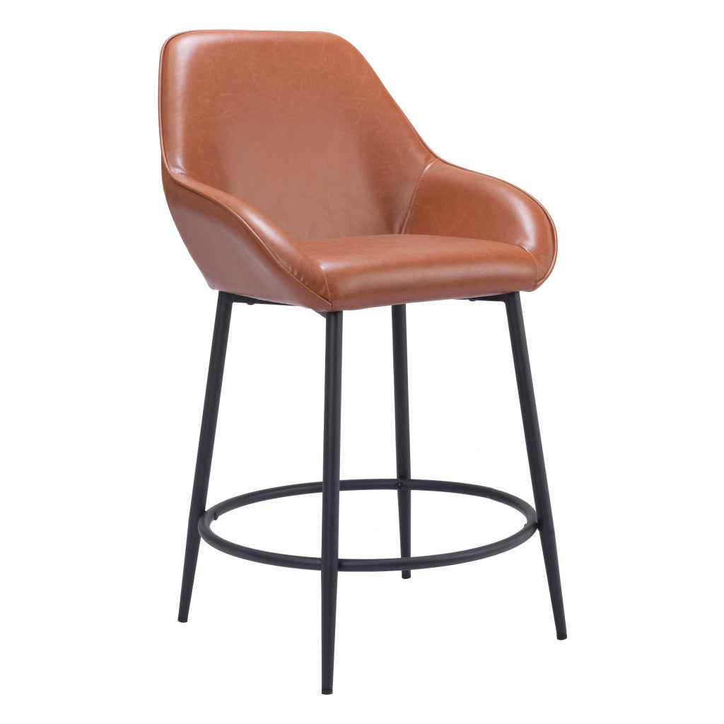Set of Two 25" Brown And Black Faux Leather And Steel Counter Height Bar Chairs