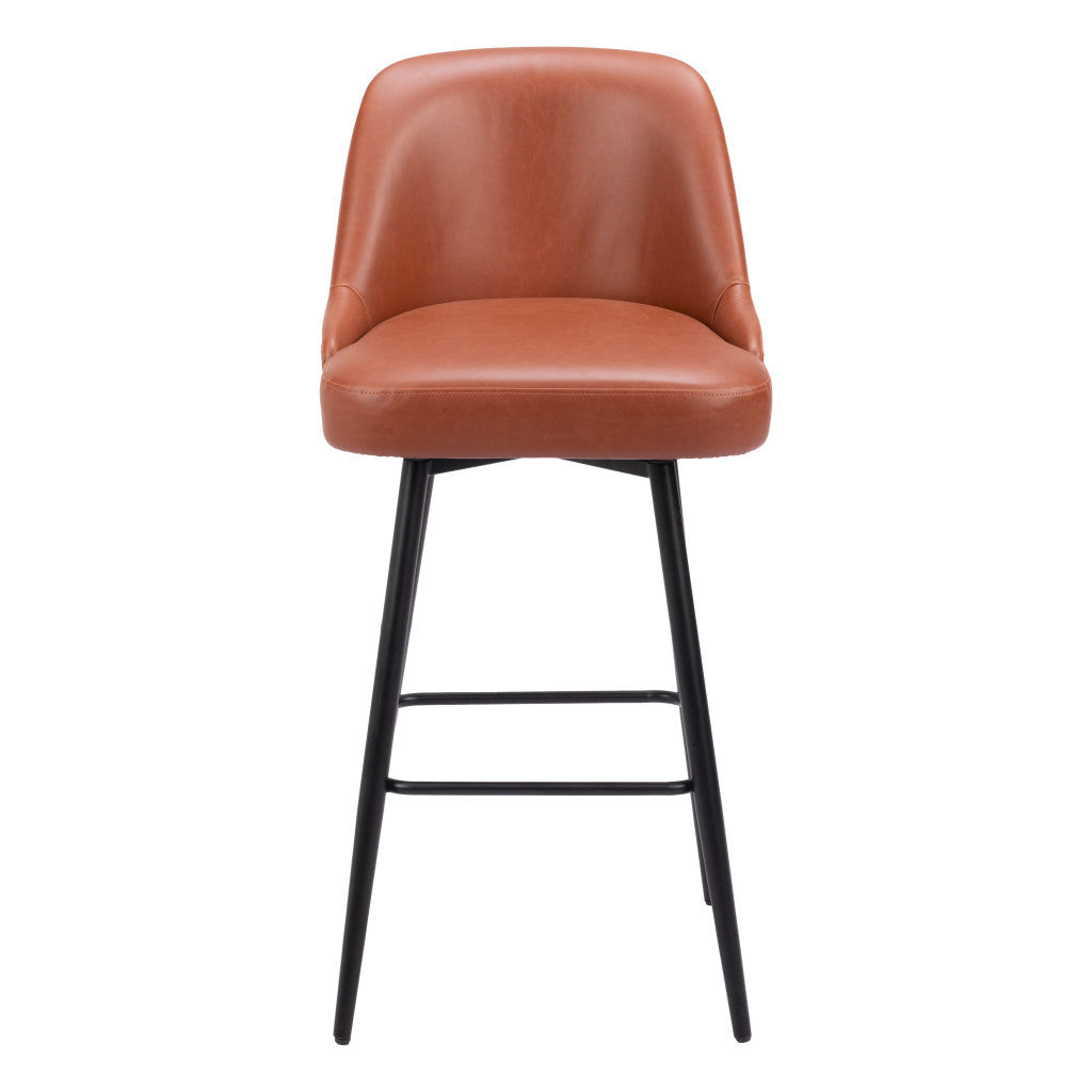 30" Brown And Black Faux Leather And Steel Bar Height Swivel Bar Chair