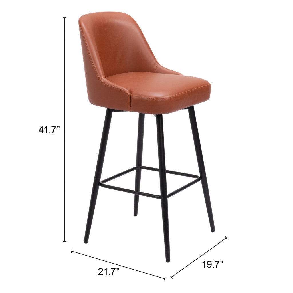 30" Brown And Black Faux Leather And Steel Bar Height Swivel Bar Chair