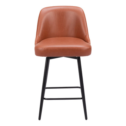 26" Brown And Black Faux Leather And Steel Counter Height Swivel Bar Chair