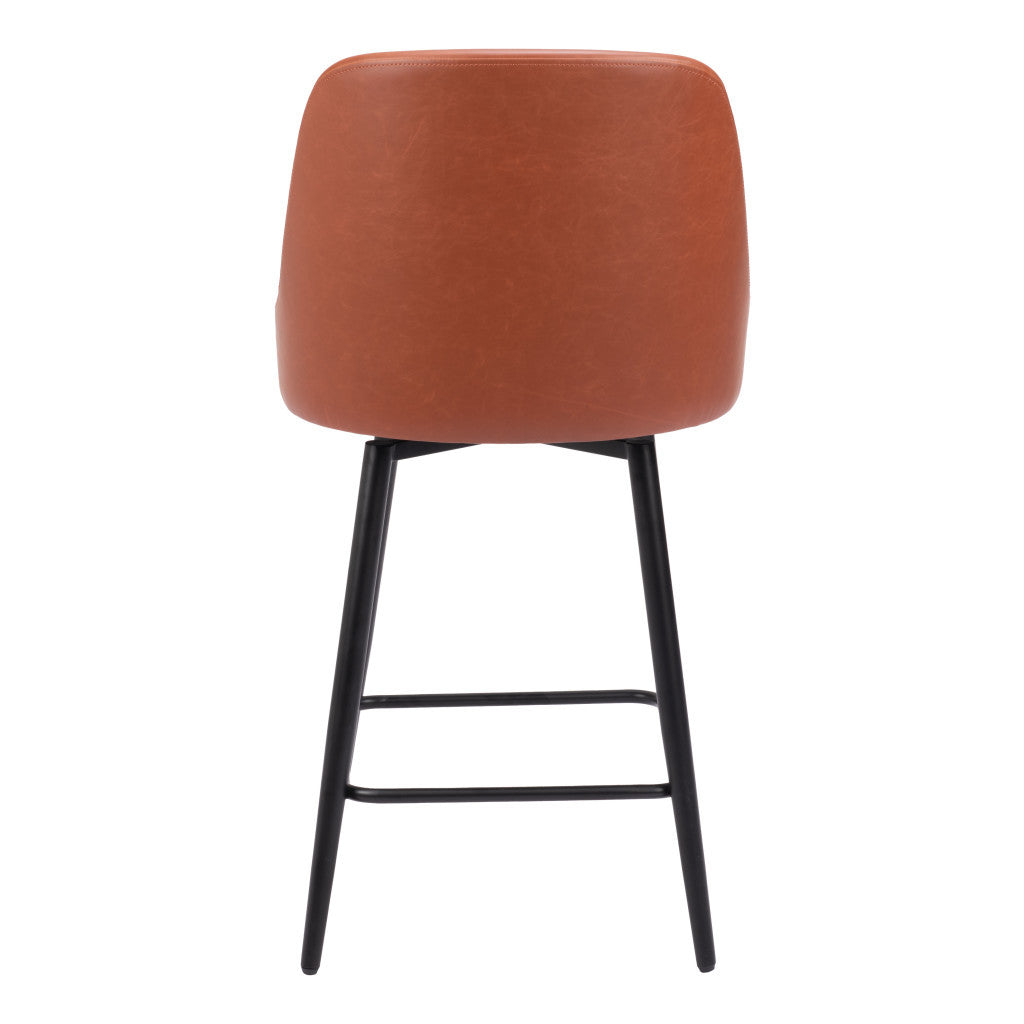 26" Brown And Black Faux Leather And Steel Counter Height Swivel Bar Chair