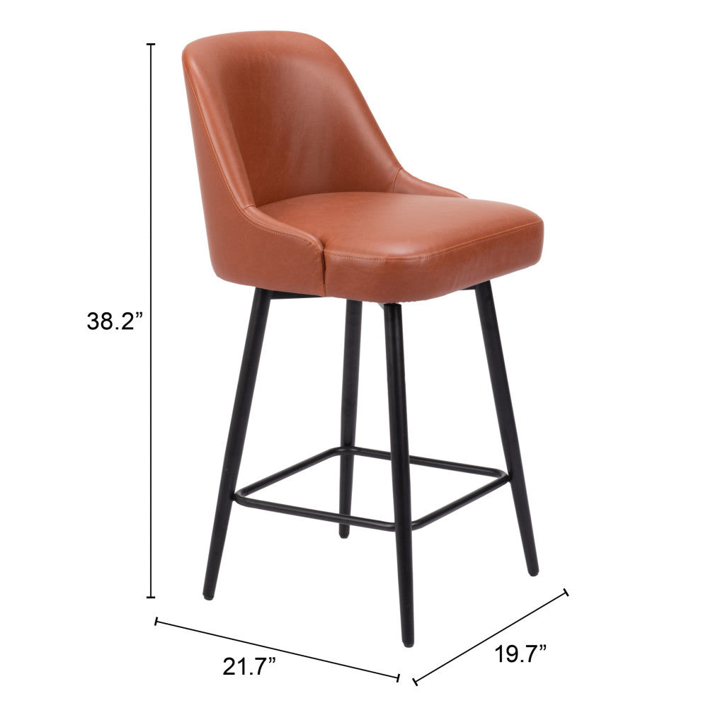 26" Brown And Black Faux Leather And Steel Counter Height Swivel Bar Chair