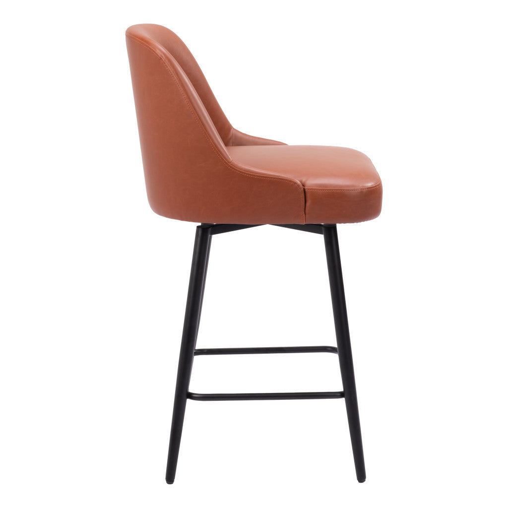 26" Brown And Black Faux Leather And Steel Counter Height Swivel Bar Chair