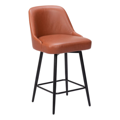 26" Brown And Black Faux Leather And Steel Counter Height Swivel Bar Chair