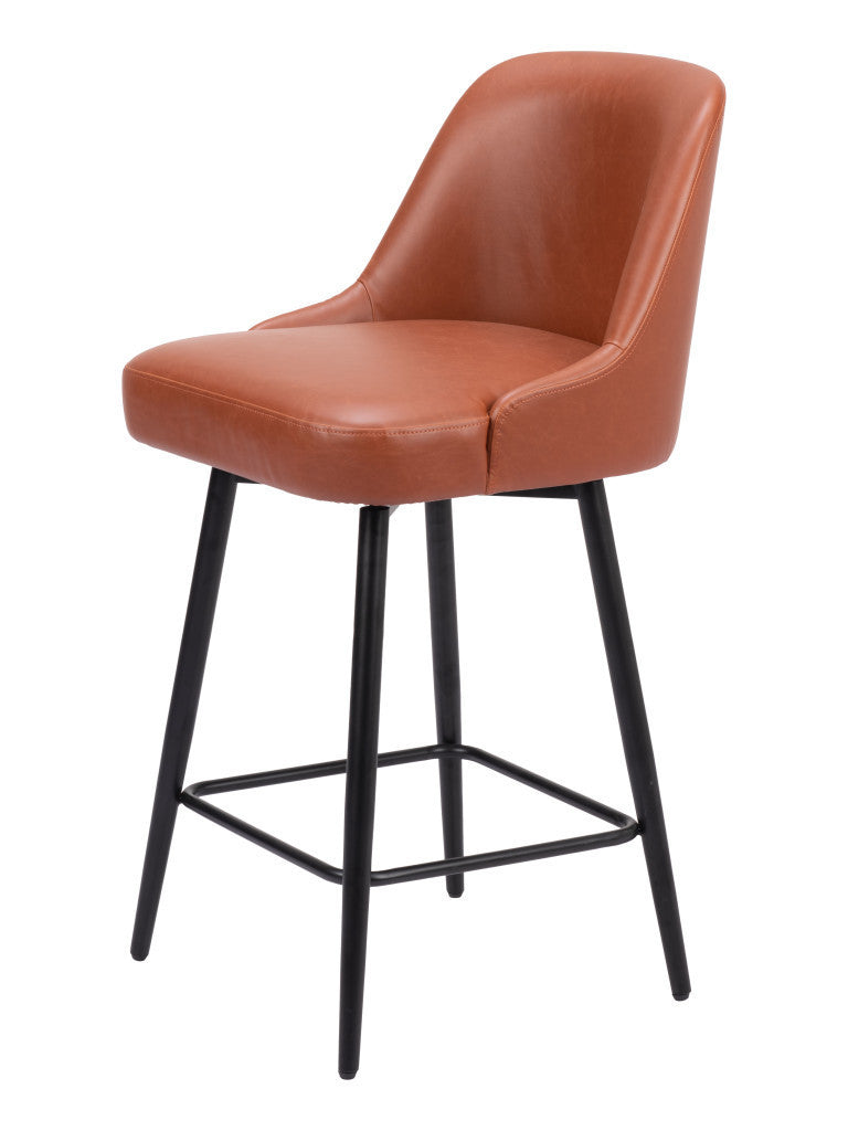 26" Brown And Black Faux Leather And Steel Counter Height Swivel Bar Chair