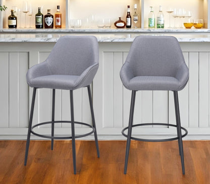 Set of Two 30" Gray And Black Fabric And Steel Bar Height Bar Chairs