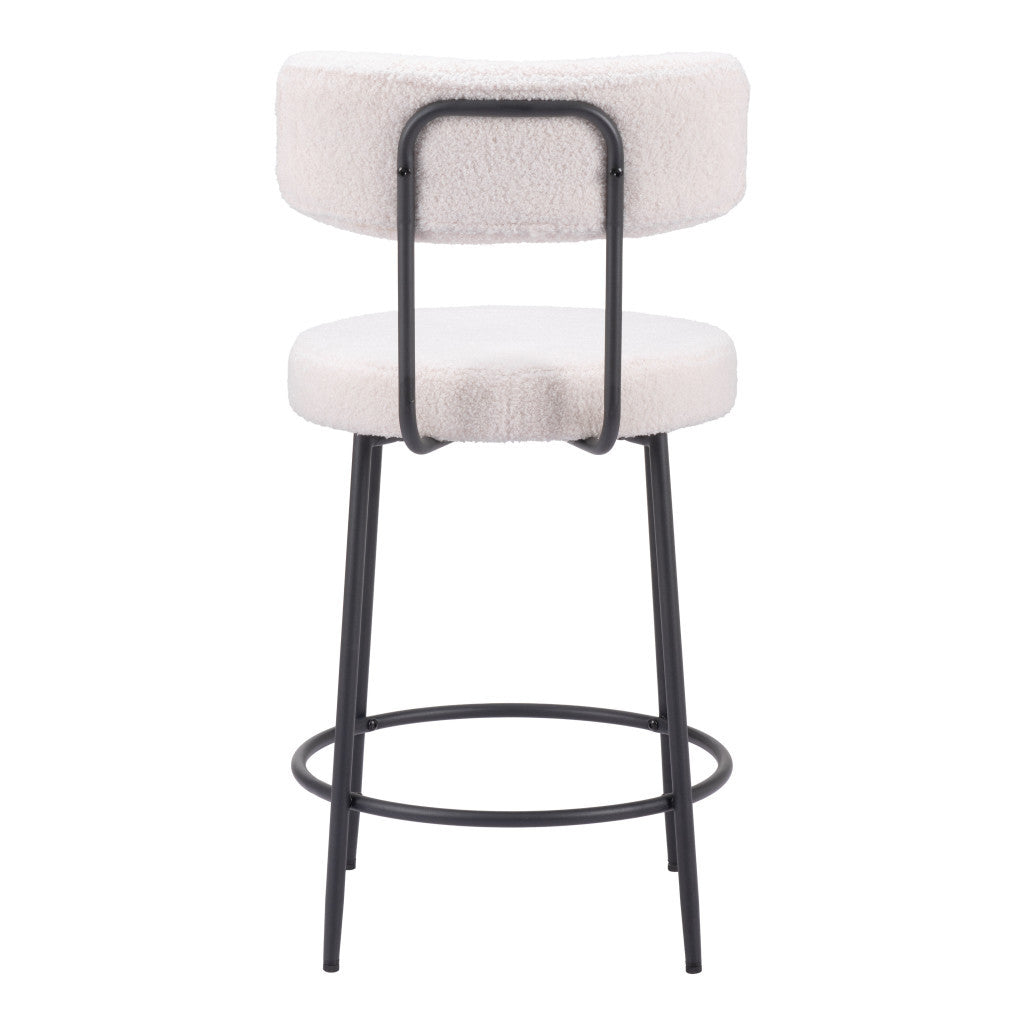 Set of Two 25" Ivory and Black Shearling and Steel Low Back Counter Height Bar Chairs