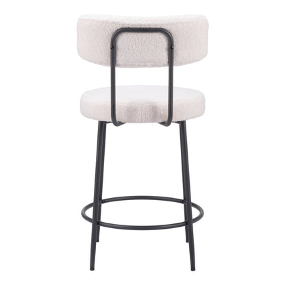 Set of Two 25" Ivory and Black Shearling and Steel Low Back Counter Height Bar Chairs