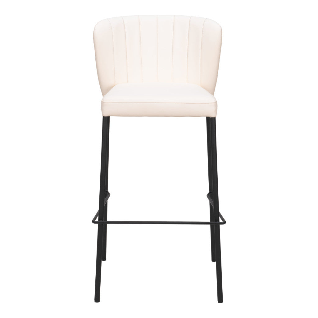 Set of Two 29" Cream And Black Faux Leather And Steel Bar Height Bar Chairs