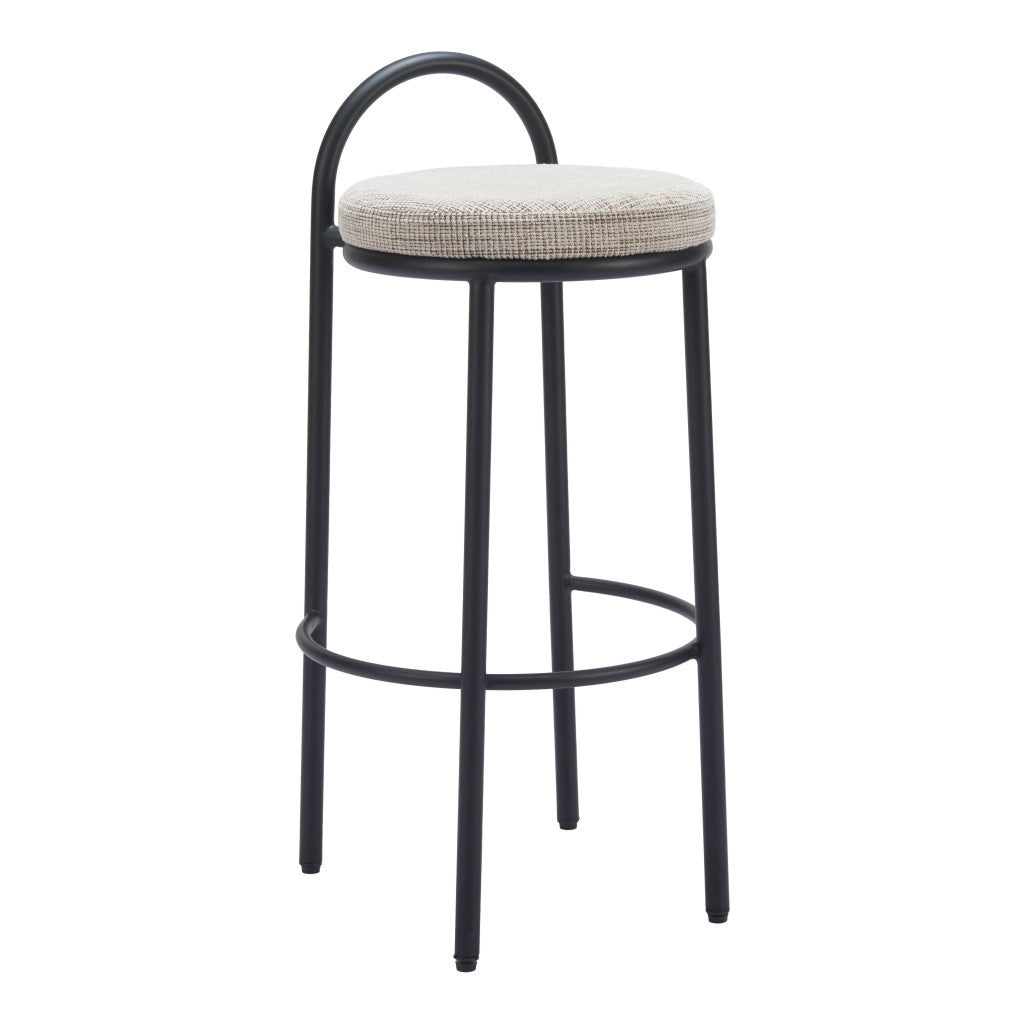 Set of Two 30" Beige and Black Chenille and Steel Low Back Bar Height Bar Chairs