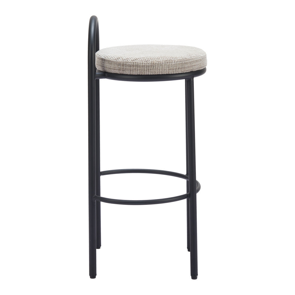 Set of Two 30" Beige and Black Chenille and Steel Low Back Bar Height Bar Chairs