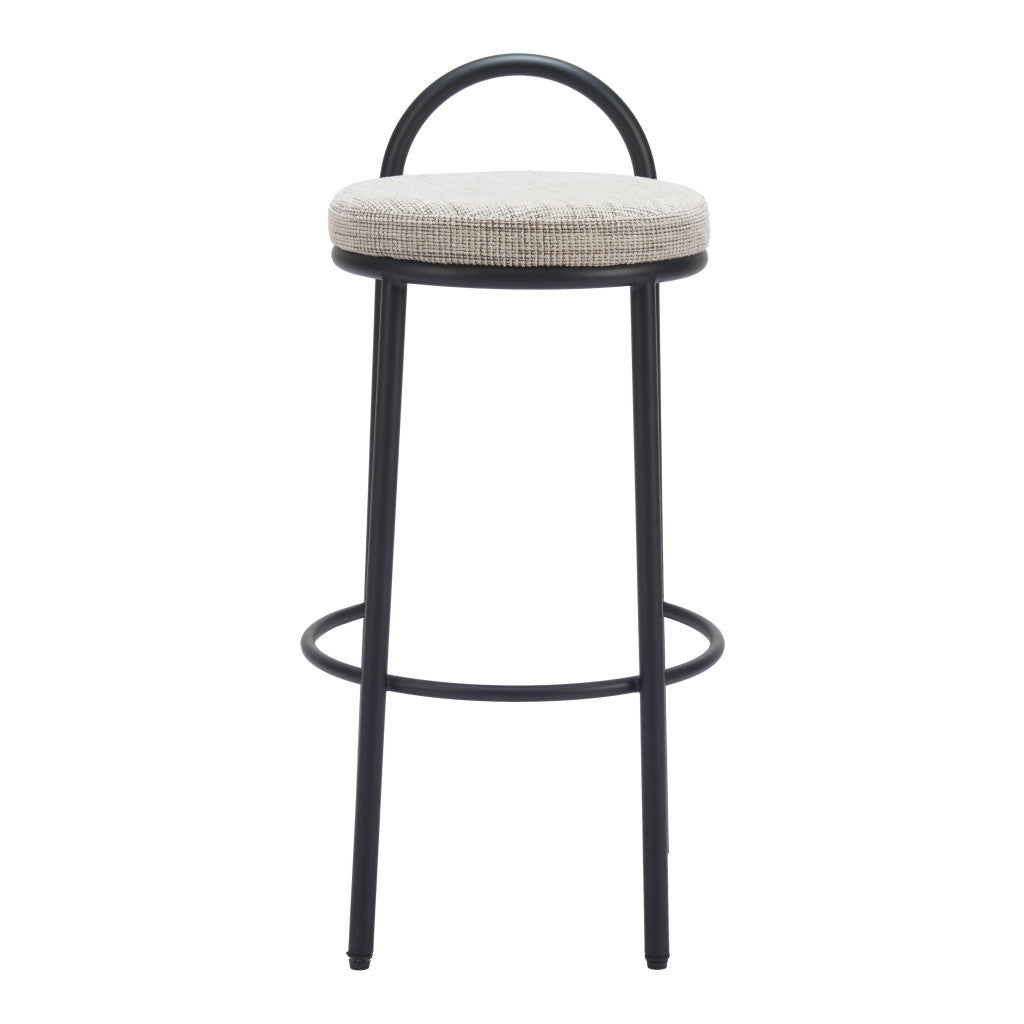 Set of Two 30" Beige and Black Chenille and Steel Low Back Bar Height Bar Chairs