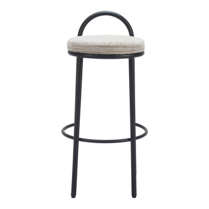 Set of Two 30" Beige and Black Chenille and Steel Low Back Bar Height Bar Chairs